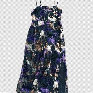 Taylor Floral Velvet Burnout Black and Purple Spagetti Strap  Midi Dress. Size 8